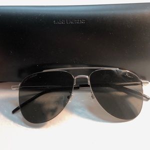 Saint Laurent Black and Silver Aviator Sunglasses